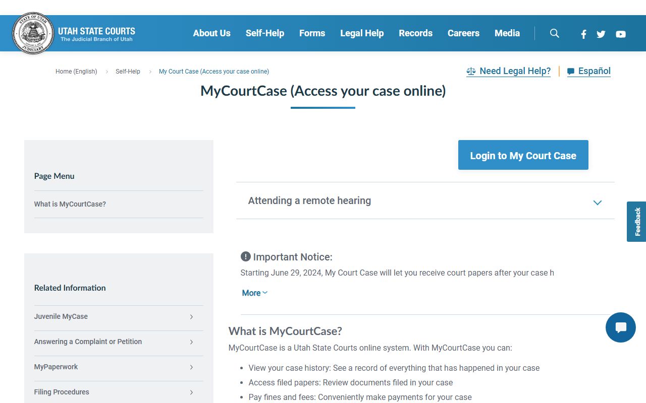 Utah Courts MyCase portal Washington City bankruptcy records
