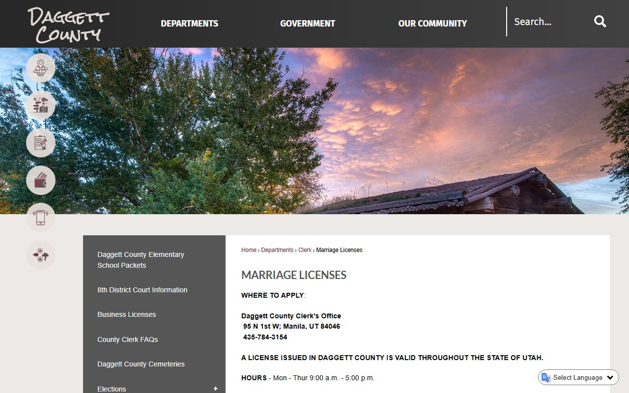 Daggett County Clerk Treasurer office in Manila for marriage records and county documents