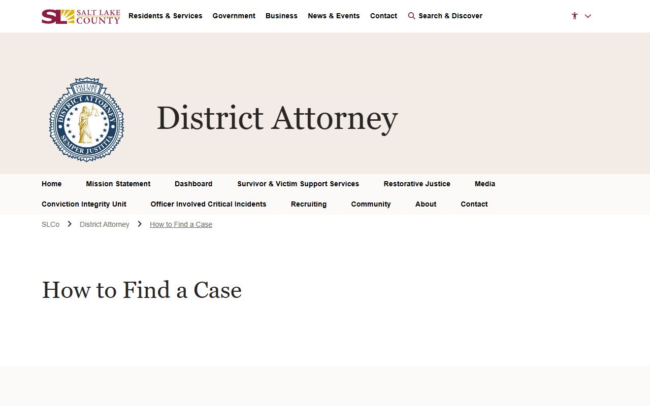Salt Lake County District Attorney case lookup page for Salt Lake County court records