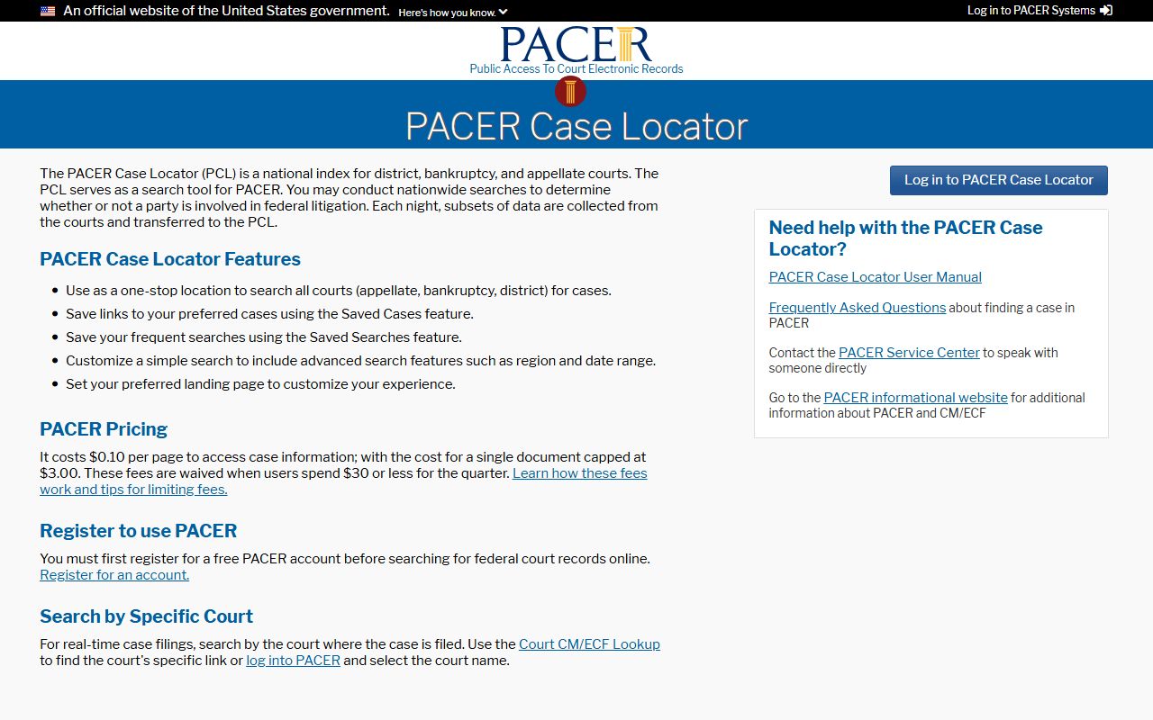 PACER Case Locator for searching Utah and national bankruptcy records