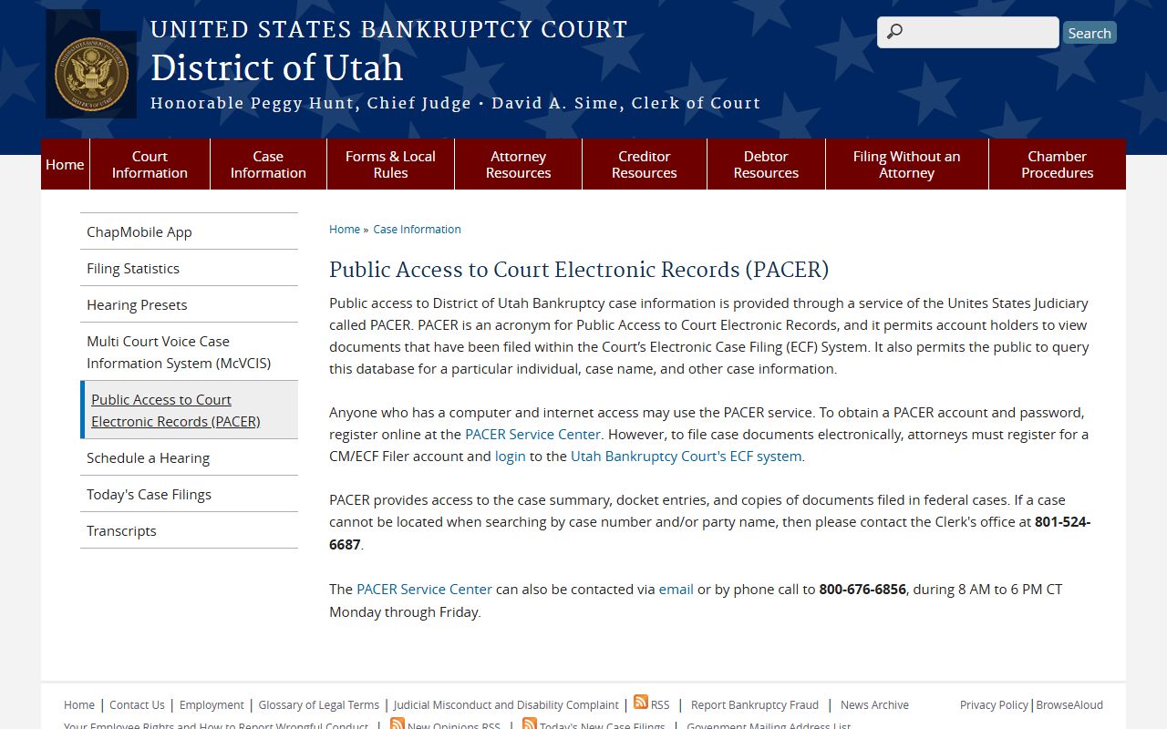 PACER public access page for Utah bankruptcy court records