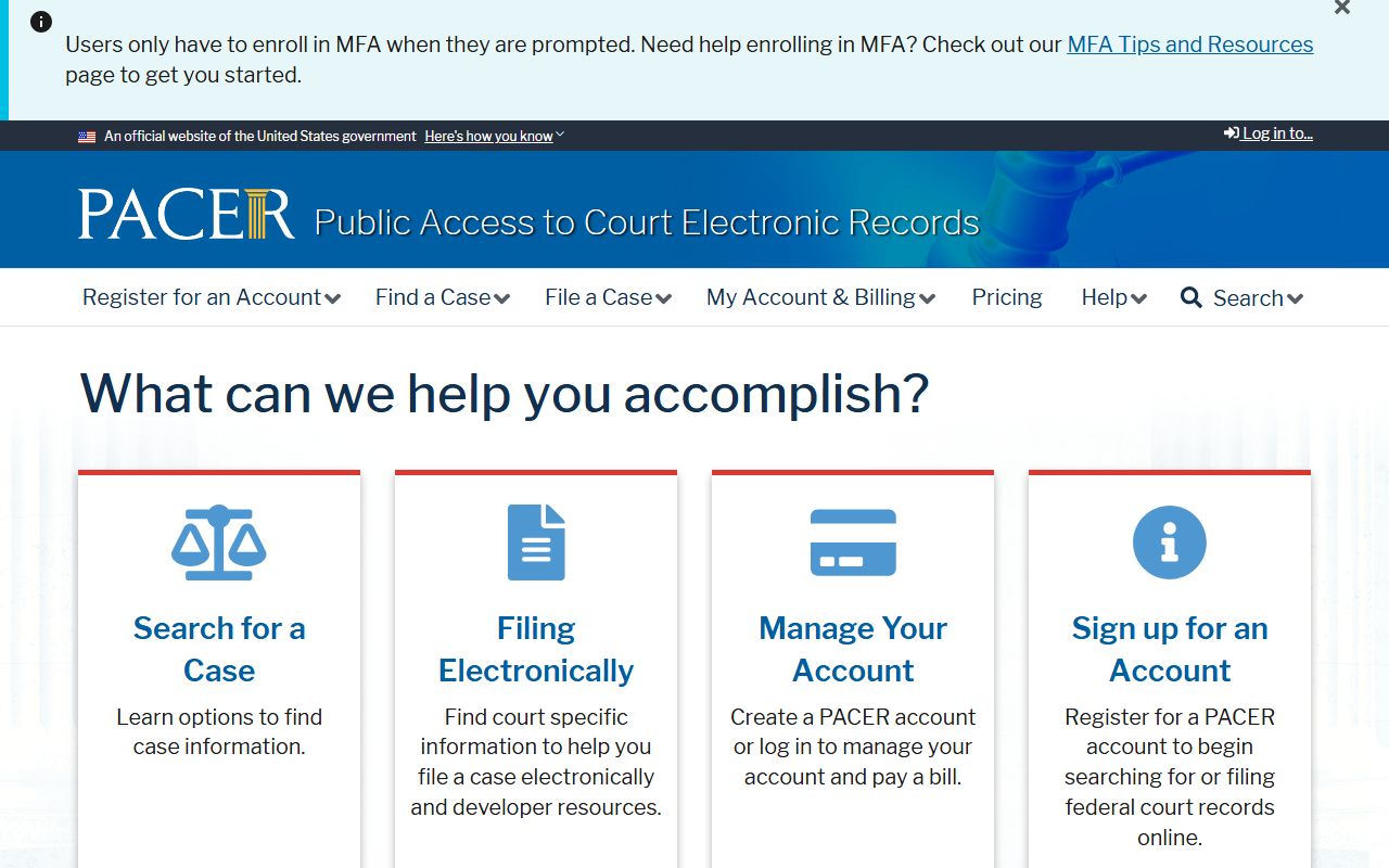 PACER main portal for federal court records including Utah bankruptcy records
