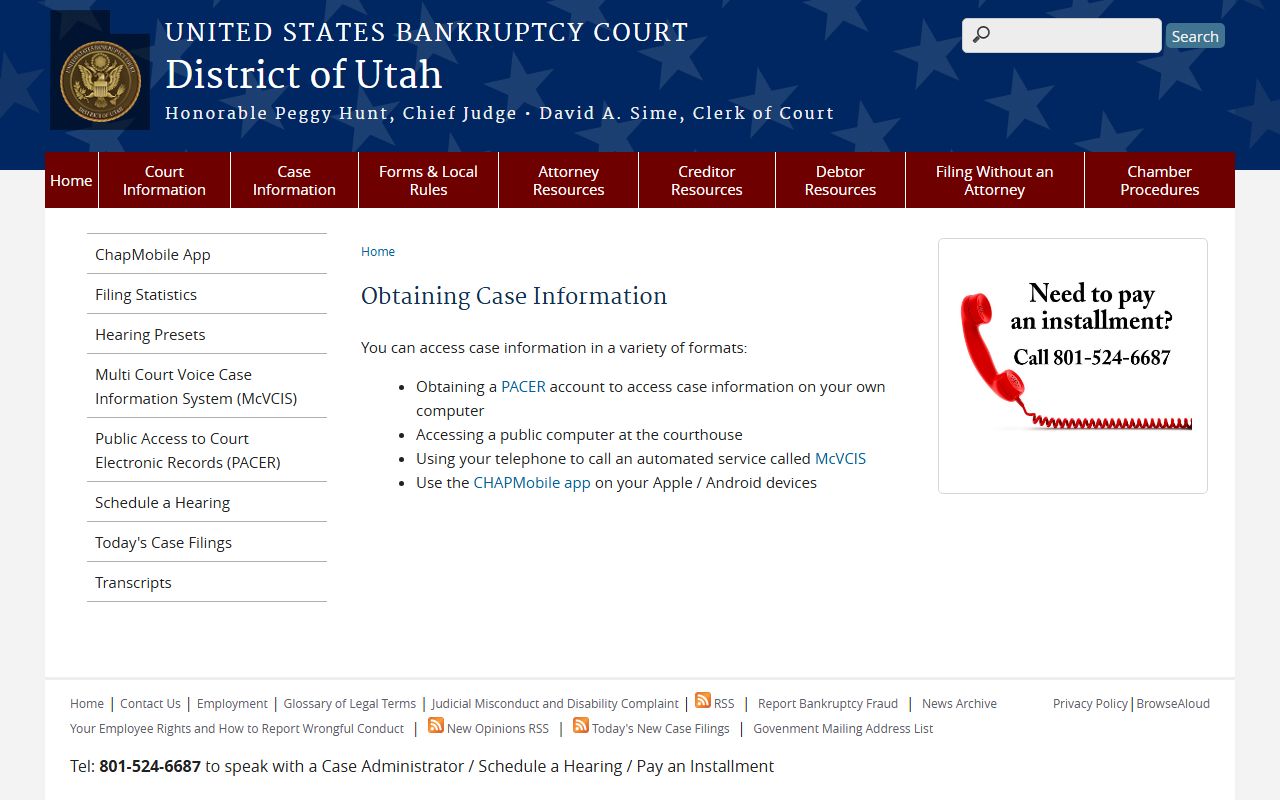 Utah Bankruptcy Court page for obtaining case information and bankruptcy records
