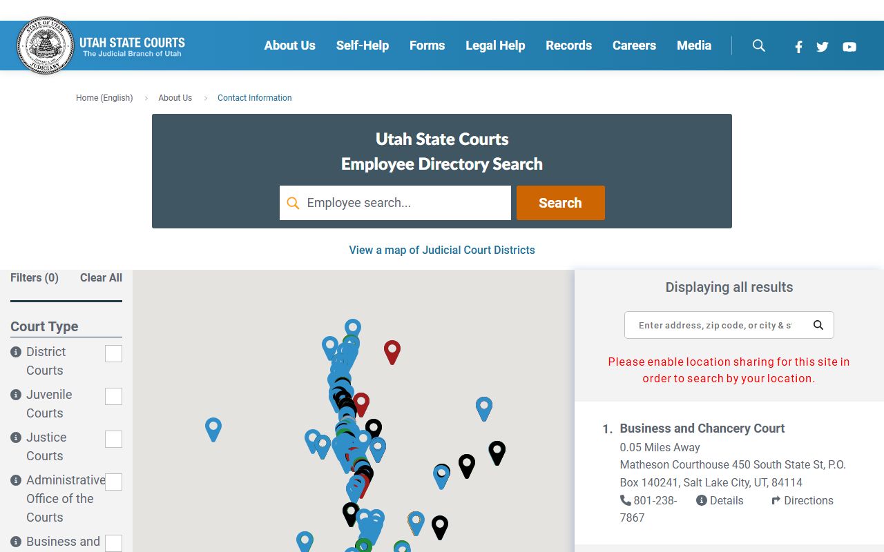 Utah State Courts directory for locating courts related to Utah bankruptcy records research